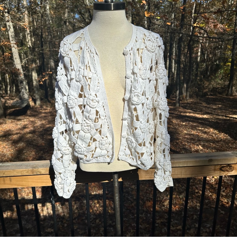 Hand Knit Cream Rosette Cardigan Sweater Medium